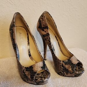 ALDO Snake Print Peep Toe Heels - Black and Tan